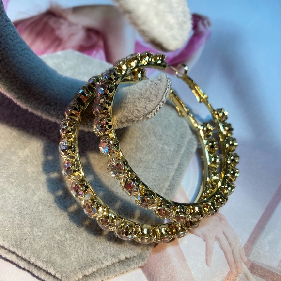 Gold Tone Big Hoop Rhinestone Earrings - Picture 5 of 6